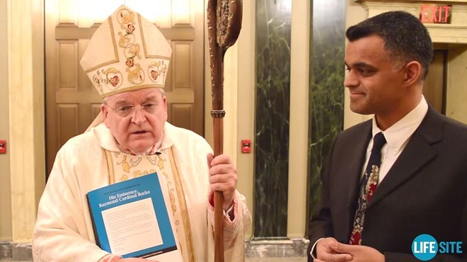 Cardinal Raymond Burke (with the staff) has a problem with women-filled churches and gay clergy.