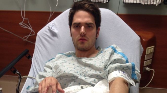 Chris Schaefer, photographed during his hospital stay after an alleged beating by fellow Ferguson activists.