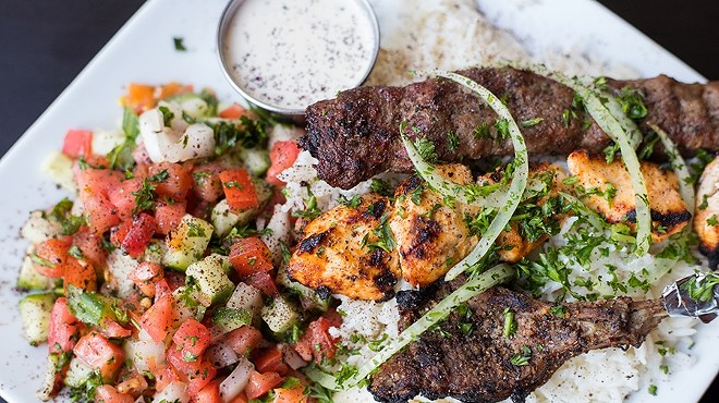 Levant mixed grill features shish tawuk, beef kebab and lamb chop.