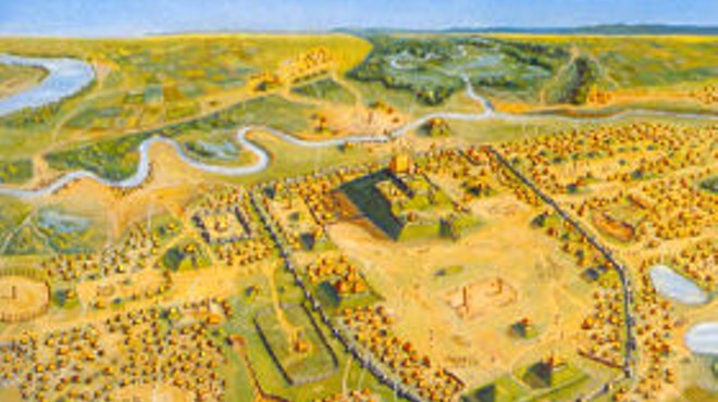 An artist's rendering of ancient Cahokia. Say, is that an Arch?