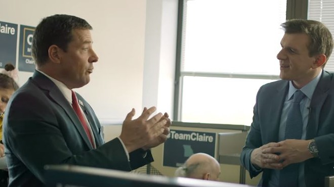 James O'Keefe (right) a fake journalist, talks to Ed Martin, a fired pundit, inside a fake campaign office.