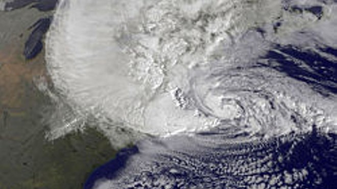 A satellite image of Hurricane Sandy. St. Louis is just beyond the left edge of this picture. That is, nowhere.