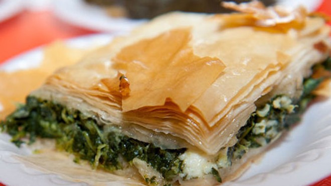 Spanakopita, spinach pie with chopped spinach and feta cheese layered in phyllo dough. | Jon Gitchoff