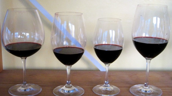 Does glass shape affect aroma and flavor? Today's wine four different ways: (from left) pinot noir, large all-purpose, small all-purpose, cabernet sauvignon.