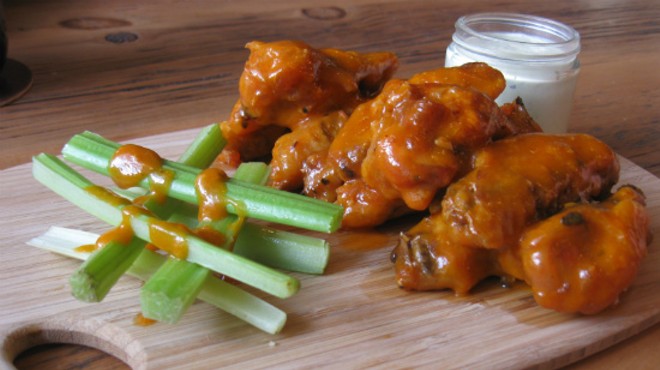 Peach habenero wings with celery and ranch at the Fifth Wheel.