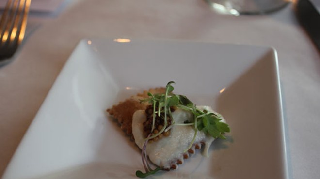 House-made cracker with scallop mousse and microgreens. | Nancy Stiles