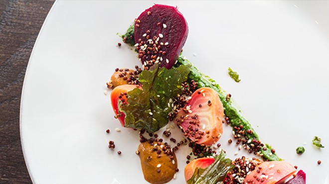 Roasted, pickled and raw beets with quinoa and white-chocolate mole at P&uacute;blico. | Mabel Suen