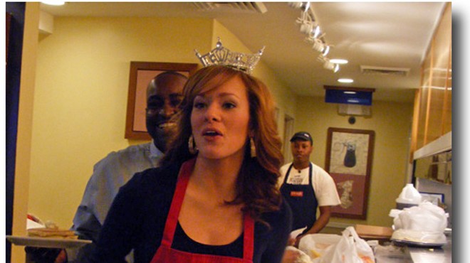 Erika Hebron, Miss Missouri 2010, makes it snappy with the griddle cakes at IHOP bright and early this a.m.