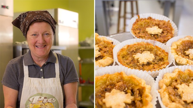 Owner Jane Callahan with maple walnut mini pies, made with Missouri-grown Hammons Products Co. nuts.