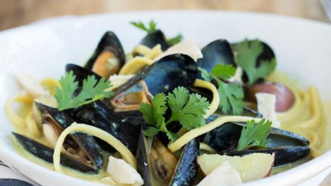 The Libertine's mussels with lo mein noodles, squid cracklins and coconut milk laksa. | Jennifer Silverberg