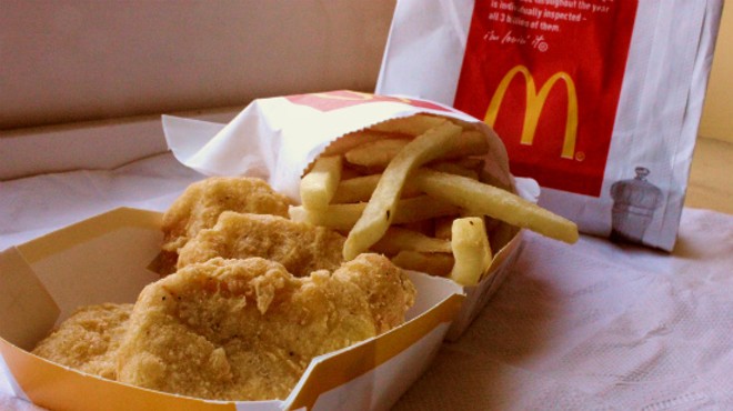 The four-piece chicken McNugget Happy Meal at McDonald's -- served, inexplicably, without a toy.