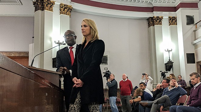 Aldermanic President Lewis Reed and Carolyn Kindle Betz, a  member of the proposed ownership group.