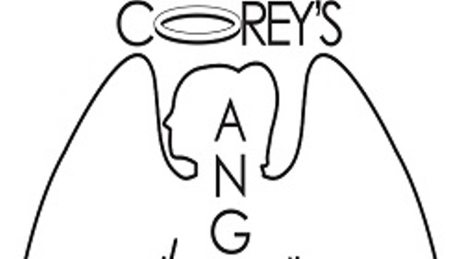 The logo for Corey's Angels, which looks exactly as much like a tumor-riddled penis with wings as it does a silhouette of a quadruple-amputee angel-woman with a ponytail.