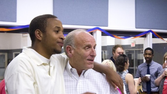 Cornell McKay, left, celebrates his release from prison with his attorney James Dowd on May 7.
