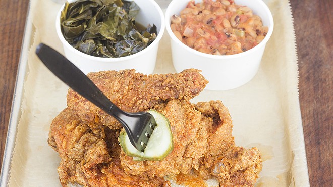 Hot Chicken plate with Southern greens and Hoppin' John.