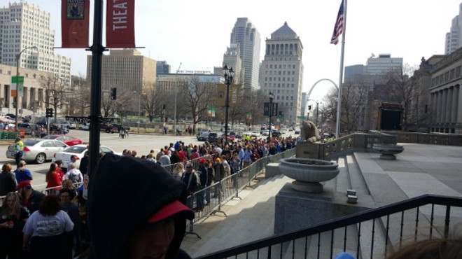 The crowd outside Peabody Opera House this morning.