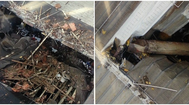 A piece of an industrial boiler shot out of the roof of Loy-Lange Box Co. (L) and crashed through the roof of Faultless Healthcare Linen (R) on April 3, 2017.