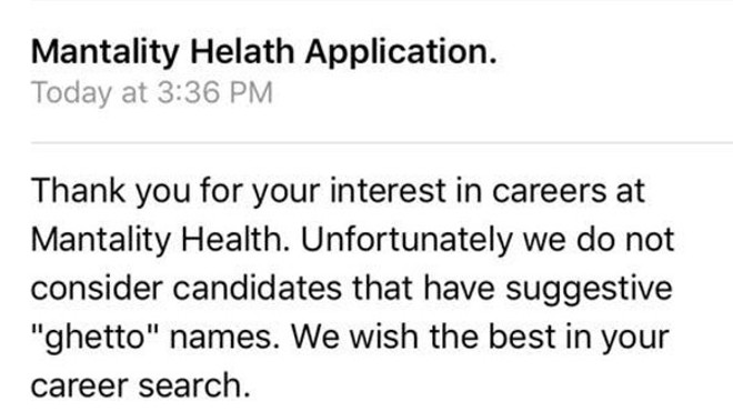 A rejection message sent to twenty black job applicants to Mantality Health in 2018.