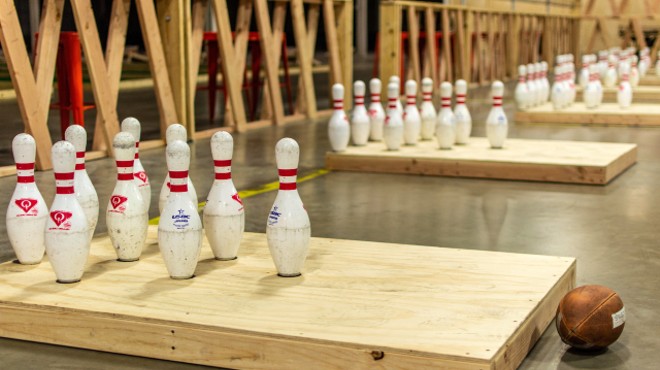 One of the signature games, Airbowl is a football-bowling hybrid that’s likened to cornhole.