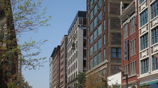 The western edge of downtown St. Louis features many beautiful old buildings converted to lofts.