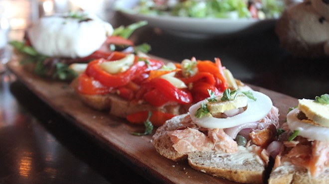 Bruschetta may feature smoked salmon or roasted garlic and red peppers.