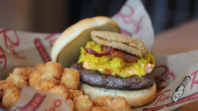 "The Southern" burger comes topped with a fried green tomato, chow-chow, pimento cheese and bacon.
