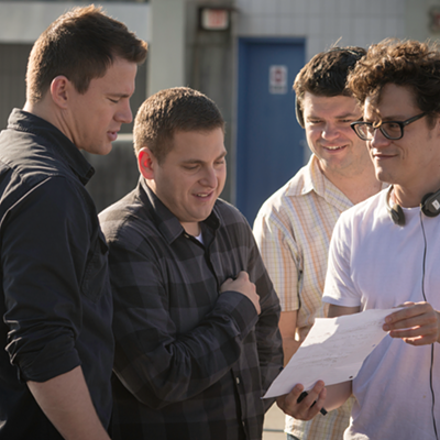 Left to right: Channing Tatum, Jonah Hill, Chris Miller and Phil Lord on the set of 22 Jump Street.