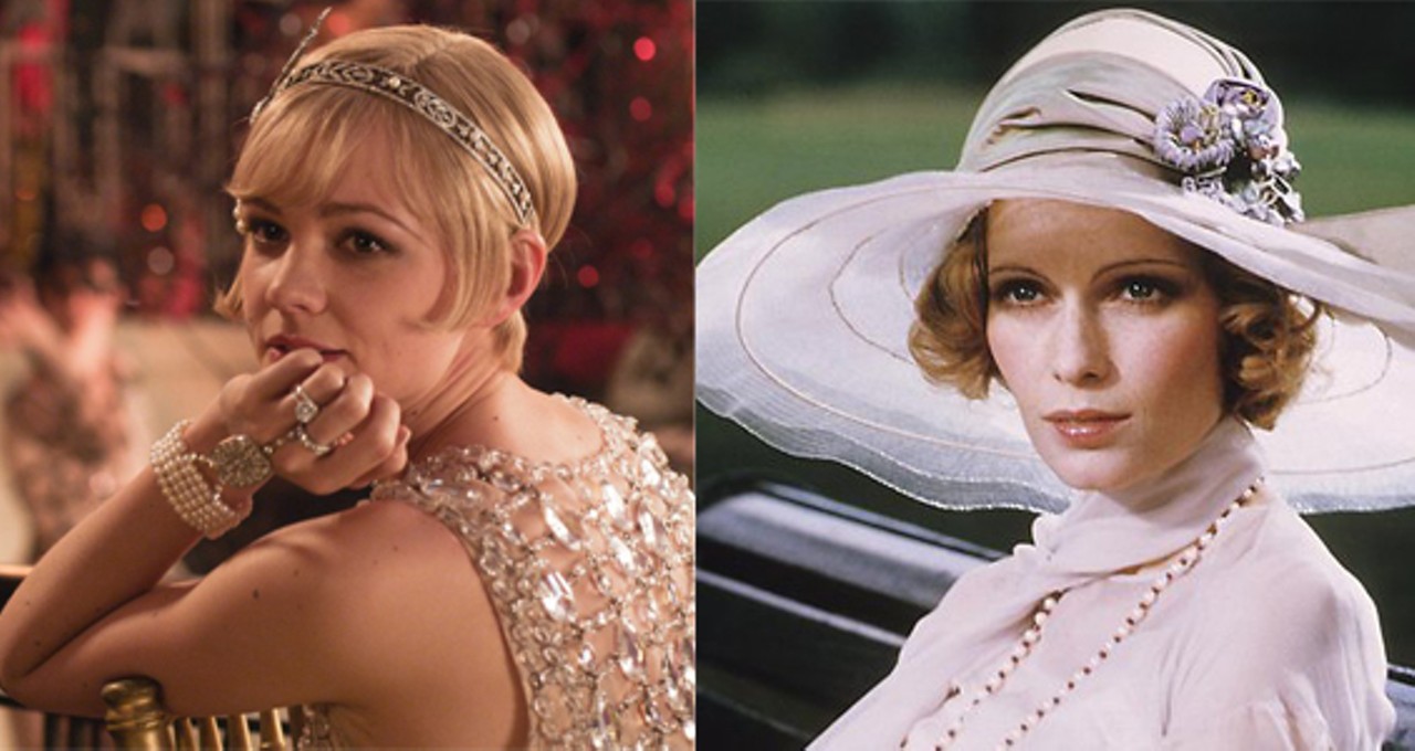 On the left, Carey Mulligan as Daisy Buchanan in the 2013 version, and Mia Farrow in the same role in 1974. Continue on for the GIFs!
