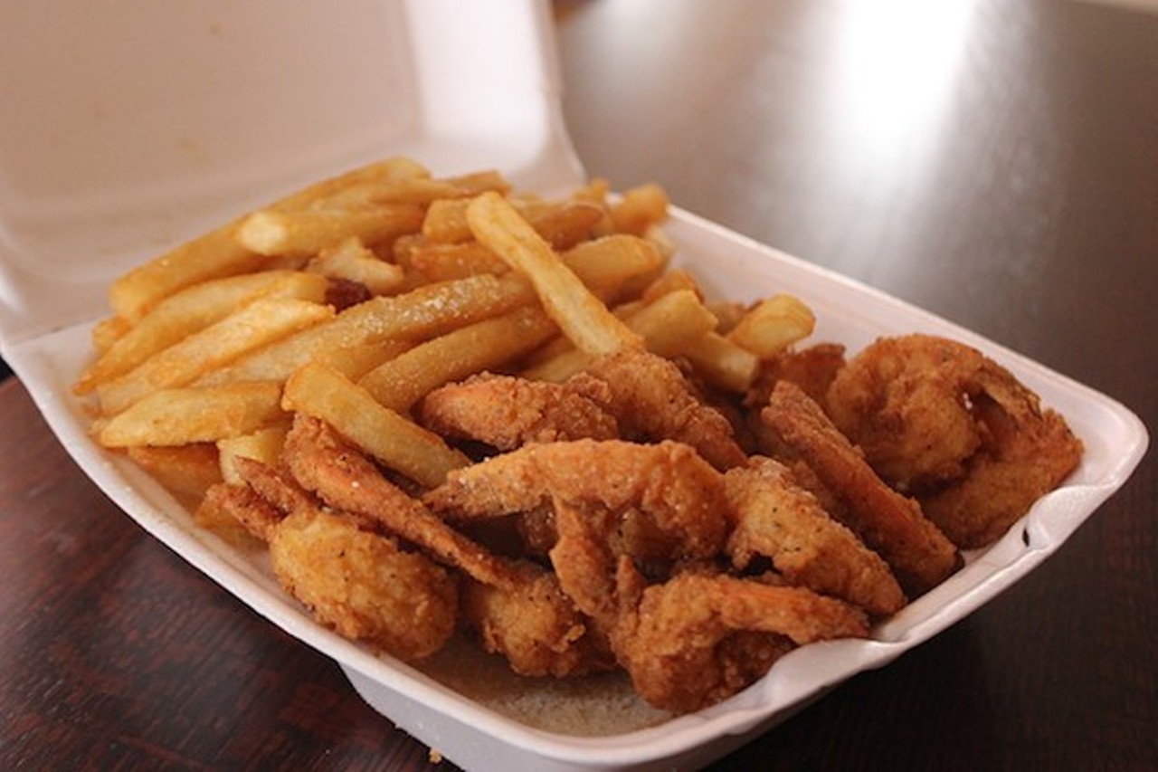 Located in a former Jack in the Box, Tasty Shack offers four salads in addition to an array of fried foods, from fish to chicken to wings. If you're feeding an army, you can even buy the chicken or wings in orders of 100, or purchase a 50-piece fish fry. Photo by Sarah Fenske.