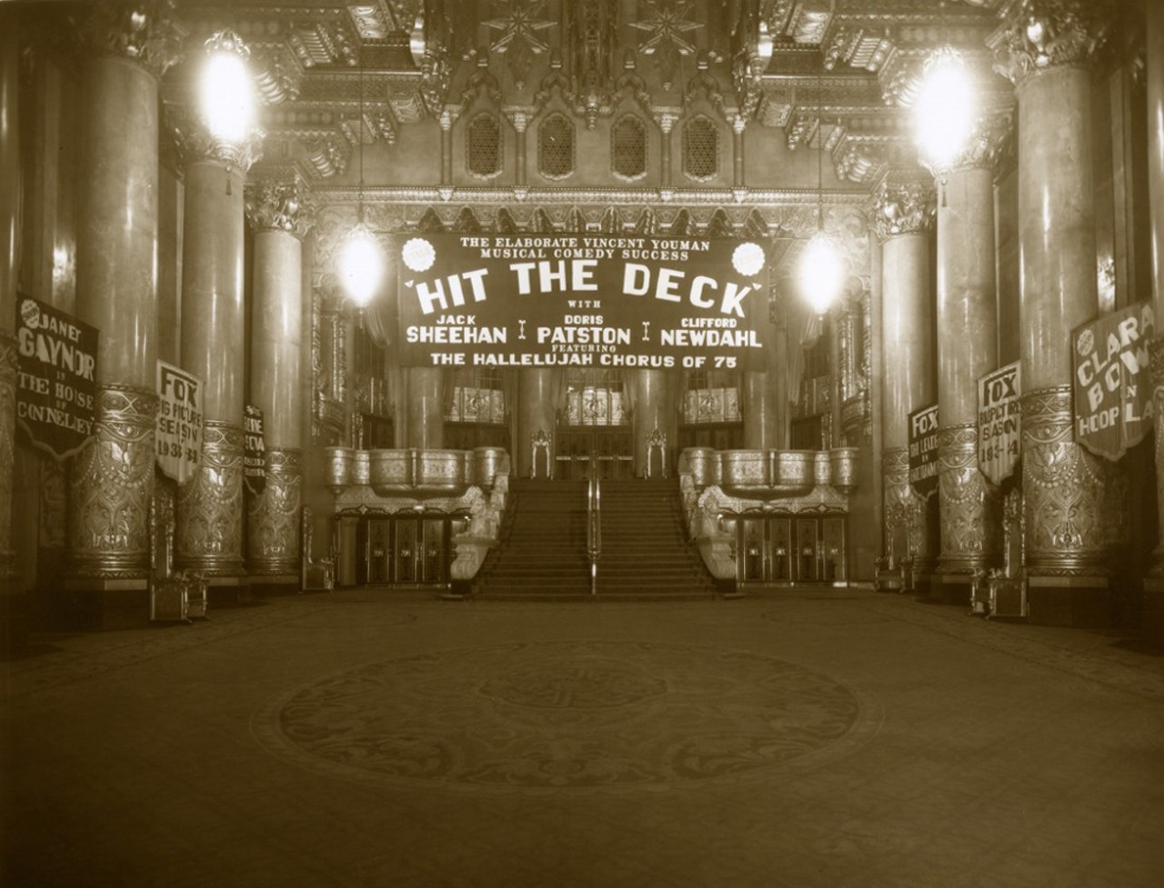 The Fox Theatre lobby, circa 1930. The Fox struggled after the stock market crash in 1929, and William Fox eventually went bankrupt in 1936. Photo by Sievers Photograph.