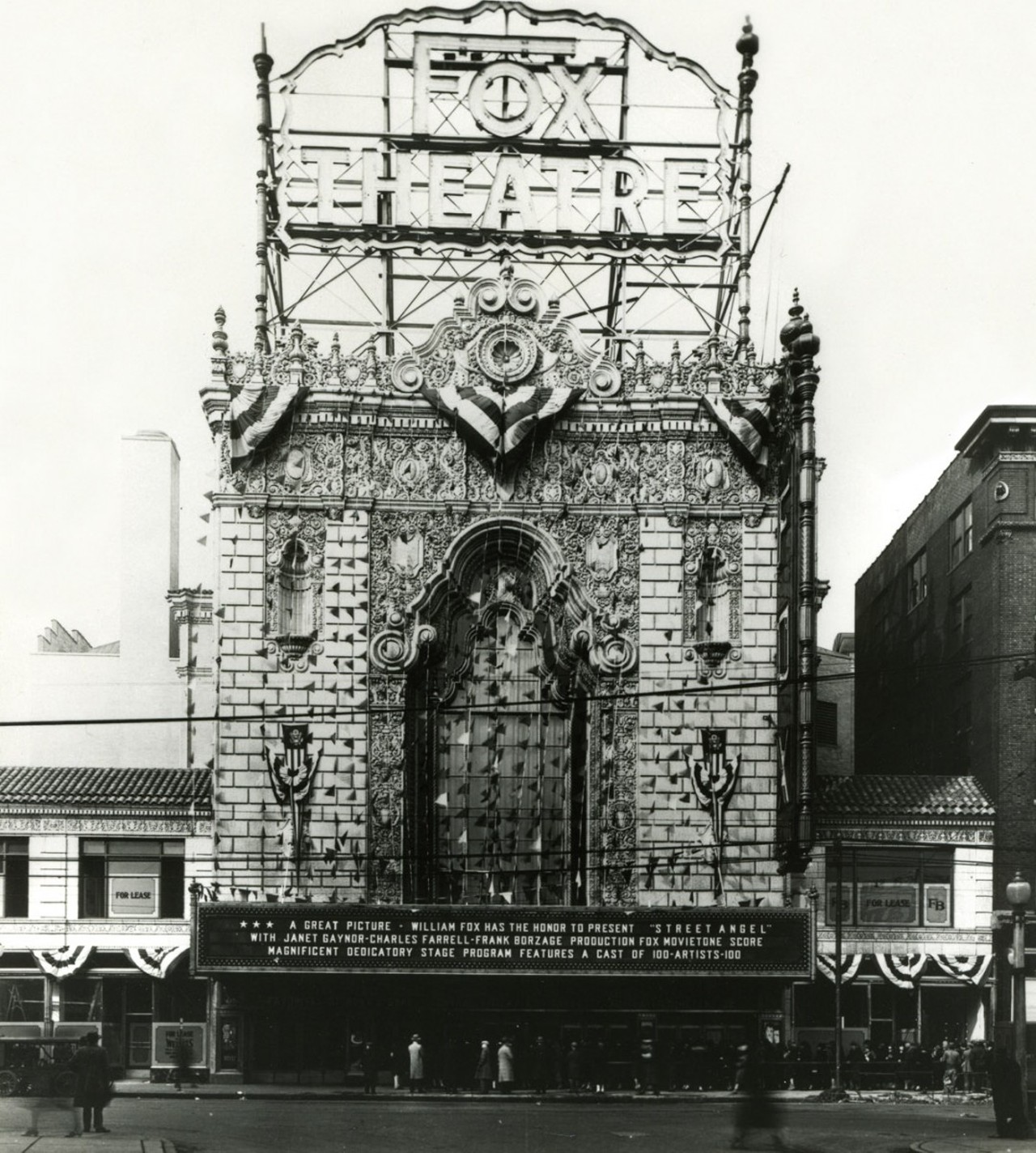 The Fox Theatre originally opened as part of William Fox's movie palace empire in 1929.  The architect, C. Howard Crane, built both the Fox in St. Louis and its twin theater in Detroit in Siamese Byzantine style.  Photo courtesy of MO Historical Society.