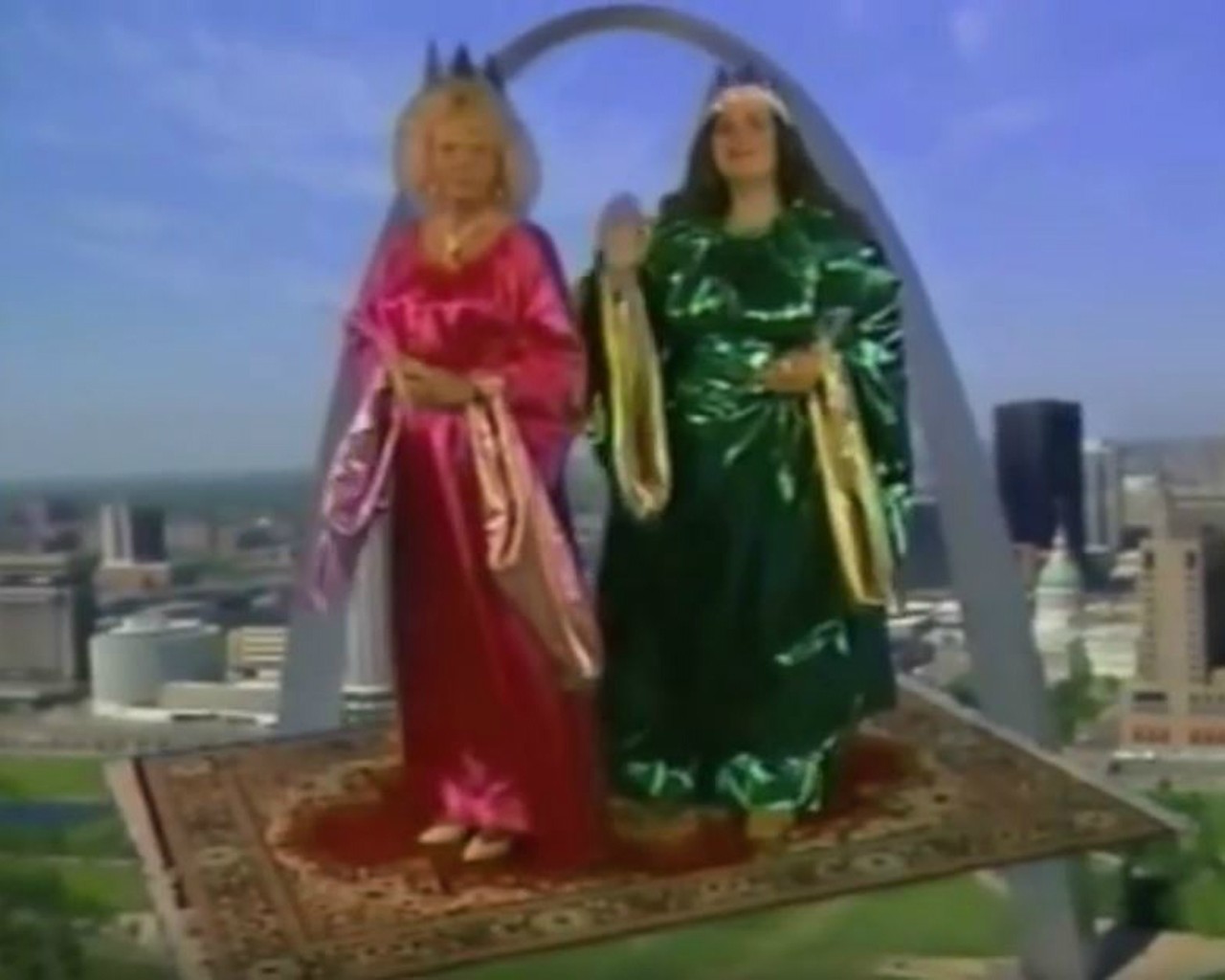 Becky's Carpet and Tile Superstore
Becky of Becky's Carpet and Tile Superstore was a glamorous vision who usually arrived on a flying carpet. Sometimes she was accompanied by Wanda Princess of Tile. These royal ladies just wanted to sell you some discount floor coverings, and the air near the Arch was their kingdom.
Photo courtesy of YouTube