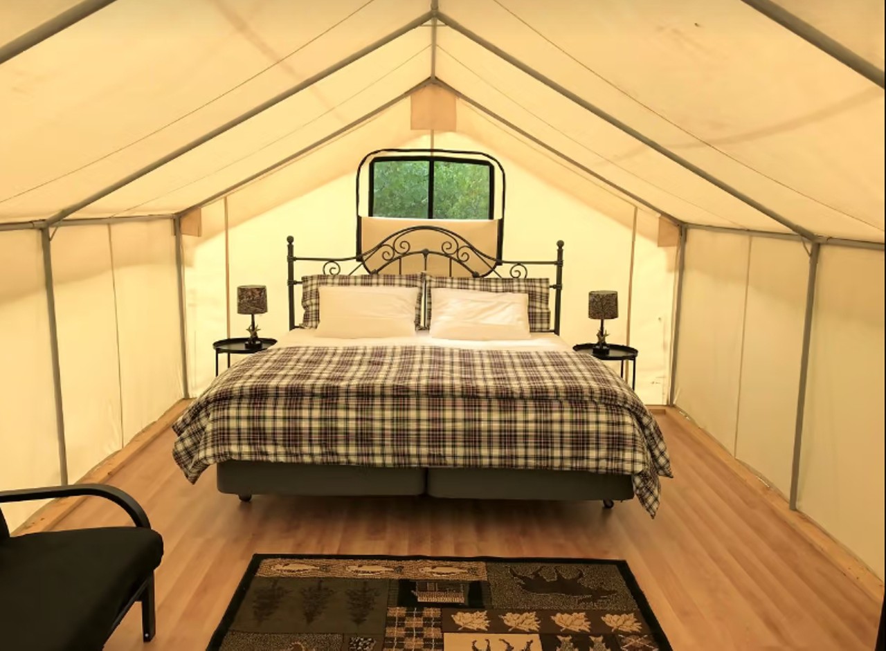 Secluded Safari Tent Rental for Glamping
"It features a large Glamping Tent in a private and secluded campsite that is just steps from a hidden pond. The tent features a king bed plus a futon that converts to a full bed for the kids (camp cots are also available for the kids)."
Book this unit on GlampingHub.com