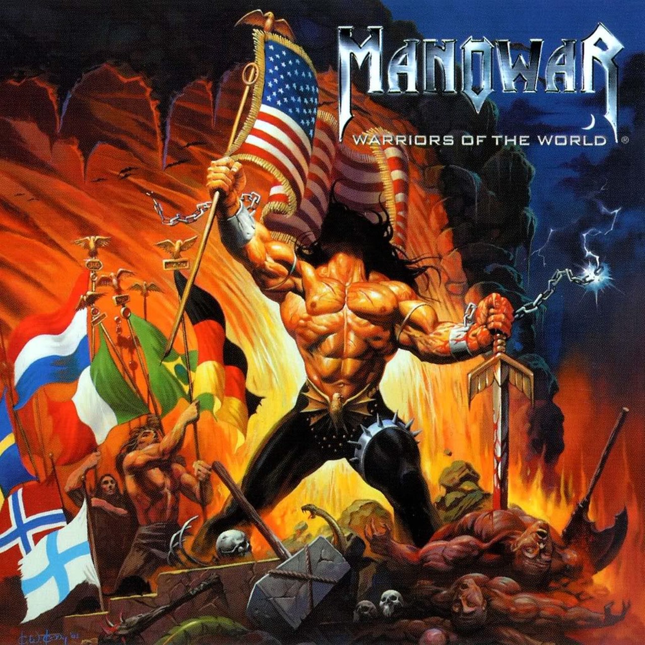 Manowar - Warriors of the World (2002)
Manowar isn't exactly a band that's ever taken seriously, but this album cover, which is filled with various countries' flags, might be one of its more over-the-top moments. But once you dig into the content of the disc it starts to make a bit more sense as a number of the tracks are tributes to fallen heroes from various countries, including Wagner, Pavarotti, Presley and more. Okay, that might be stretching it a bit, but it's awesome looking either way.