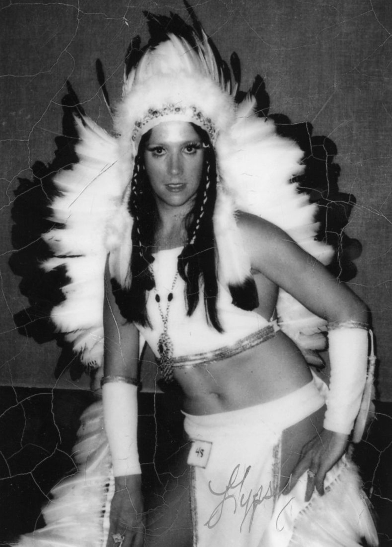 Lee Maynard. Performing as Gypsy Lee, Maynard entertained audiences in St. Louis and across the Midwest during the early 1970s. He won the title of Miss Gay Illinois 1975. An expert seamstress, Maynard made many of his own costumes, including a Cher-inspired Indian headdress with detailed beading and feathers. (Courtesy of Lee Maynard.)