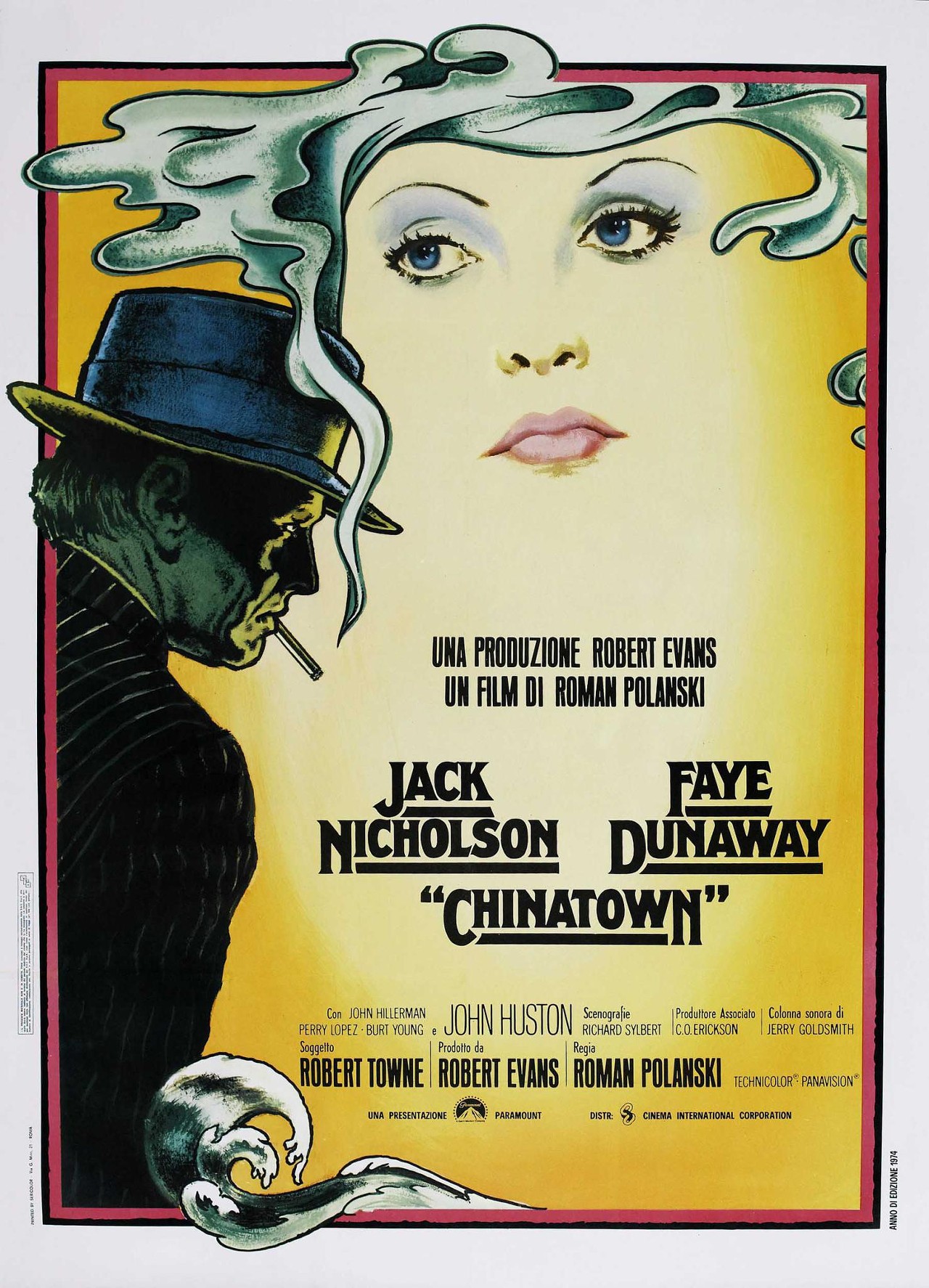 Chinatown (1974)
A private detective, Jake Gittes, hired to investigate an adultery case, stumbles on the plot of a murder involving incest and the privatization of water through state and municipal corruption, land use and real estate. If he doesn't drop the case at once he faces threats of legal action, but he pursues it anyway, slowly uncovering a vast conspiracy.