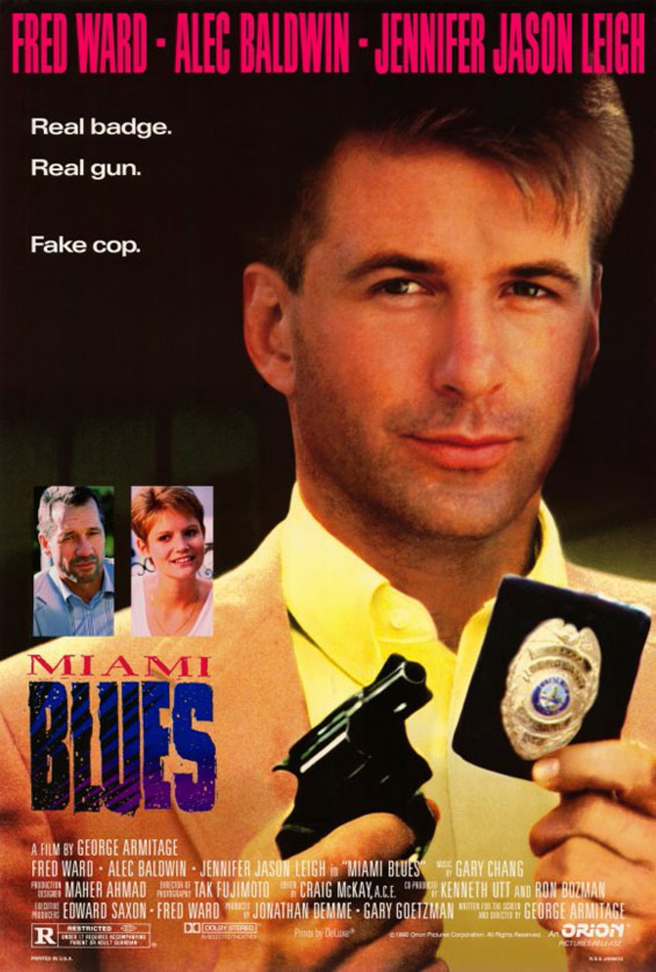 Miami Blues (1990)
Based on the late Charles Willeford's series of hard-boiled crime novels featuring Miami cop Hoke Moseley, the Jonathan Demme-produced Miami Blues opens with the prison release of Frederick Frenger Jr. (Alec Baldwin), a deranged killer who has barely de-boarded his plane before he's killed a Hare Krishna in the airport. Checking into his hotel, Frenger meets up with Susie Waggoner (Jennifer Jason Leigh), a young prostitute with dreams of domestic life, and the two quickly become romantically involved. Meanwhile, the Hare Krishna murder case is given to Moseley (Fred Ward), a grizzled vet who vows to hunt down Frenger, but may be getting too long in the tooth for the demands of his job.- Matthew Tobey, All Movie Guide