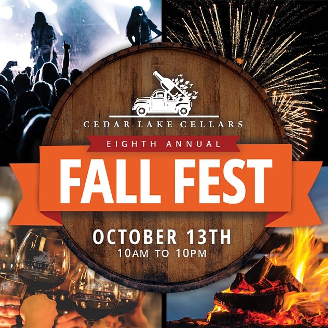 Cedar Lake Cellars Fall Fest
October 13, 2018
You have to be at least 21 years old, but just $10 gets you all-day winery access and fireworks at 8 that night. There are also bands all day! Check out Smash Band from 1 to 4 p.m., Yacht Rockers from 4 to 7 p.m., and Boogie Chyld from 7 to 10 p.m.
Check it out here.
Photo courtesy of BrandveinPR