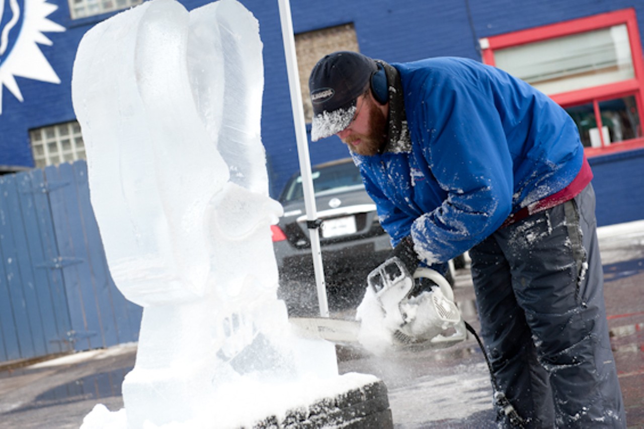 Ice Visions holds an ice sculpture demo outside Fitz's.