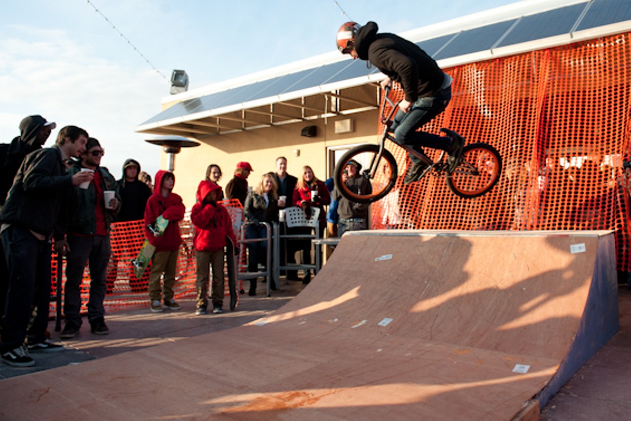BMX demos taking place on the rooftop terrace of the Moonrise Hotel.