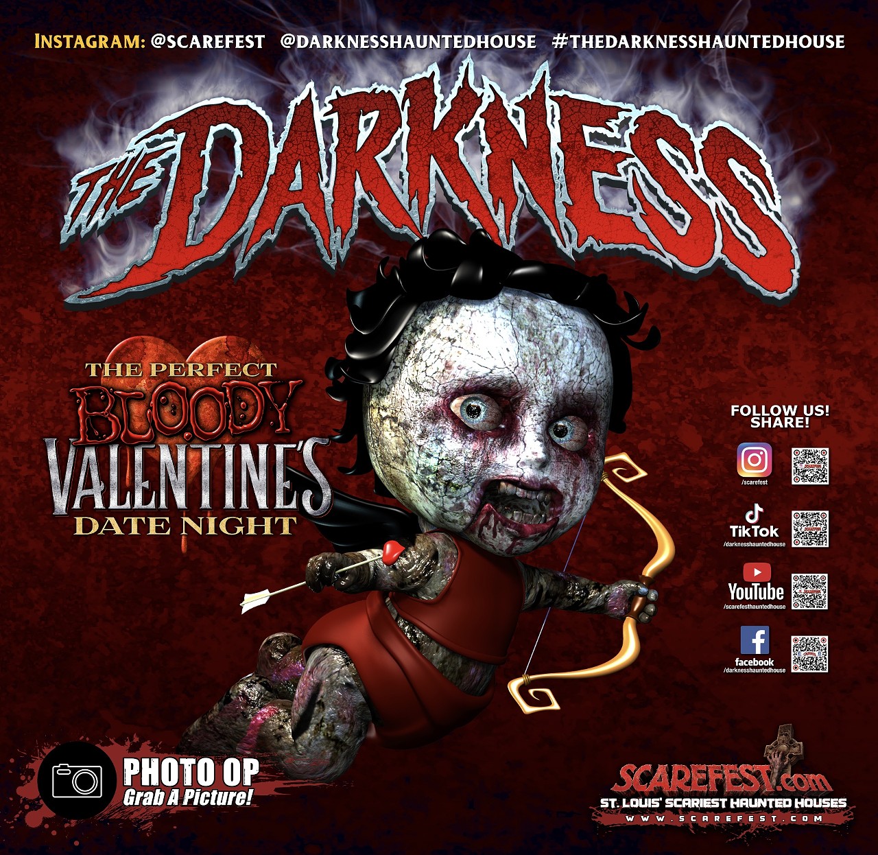The Darkness Haunted House&rsquo;s My Bloody Valentine
Nothing says I love you like the Darkness (1525 South 8th Street), right? On Saturday, February 17, the Darkness Haunted House&rsquo;s My Bloody Valentine event will make your date scream, with all-new renovated scenes, animations and more. From 6 to 9 p.m., the horror-filled evening will provide guests with the scariest date night of the year, complete with festive Valentine&rsquo;s Day candies and free photo opportunities (got to keep some of the romance alive). This limited-ticket night is open to the first 1,250 guests with tickets costing $34.95. For an extra $5, try the new five-minute serial killer escape feature and see if you and your sweetie will survive the holiday. To purchase tickets, visit the Darkness&rsquo; website.
