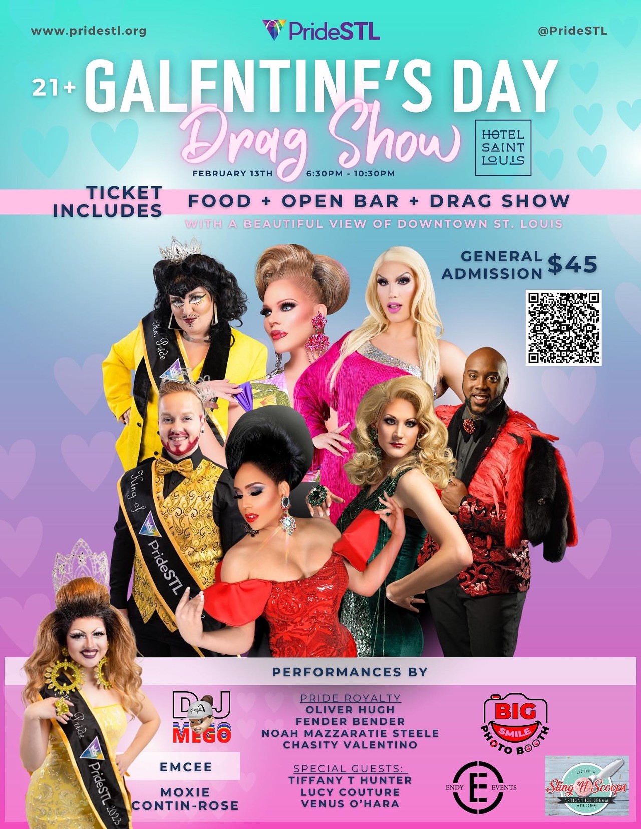 PrideSTL Galentine's Day Drag Dinner
Join PrideSTL for an unforgettable Galentine's Day Dinner Drag Show at Hotel Saint Louis (705 Olive Street) on February 13 from 6:30 to 10:30 p.m. Tickets ($45) include a full dinner buffet with salad, dinner rolls, pan-seared breast of chicken (lemon chardonnay sauce-boursin cheese), sliced London broil (mushroom red wine sauce), oven-roasted rosemary potatoes and winter vegetable medley; an open bar featuring 4 Hands and 1220 spirits; and a drag show featuring members of the current and past royalty members. Purchase tickets on the Eventeny website.