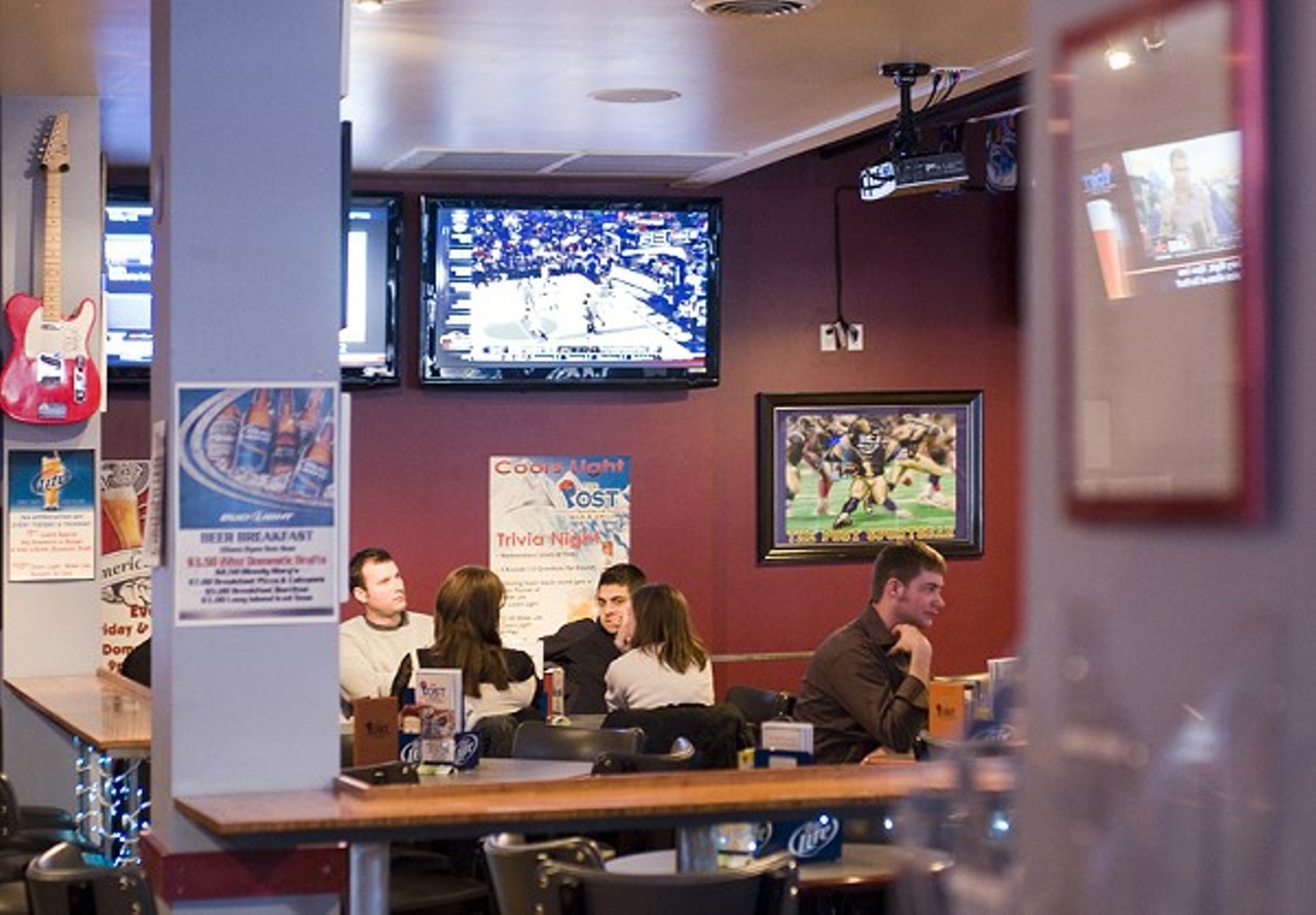 The Post Sports Bar & Grill
(Three locations including 7372 Manchester Road, Maplewood; 314-645-1109)
The Post Sports Bar & Grill has put some serious thought into the game-watching experience. As the bar explain on  its website, "100 percent of our seating is padded to ensure that your rear end doesn&#146;t fall asleep on you mid game. We&#146;ve got so many flatscreen HD TVs your mom gets us confused with Best Buy."
Photo credit: Jennifer Silverberg