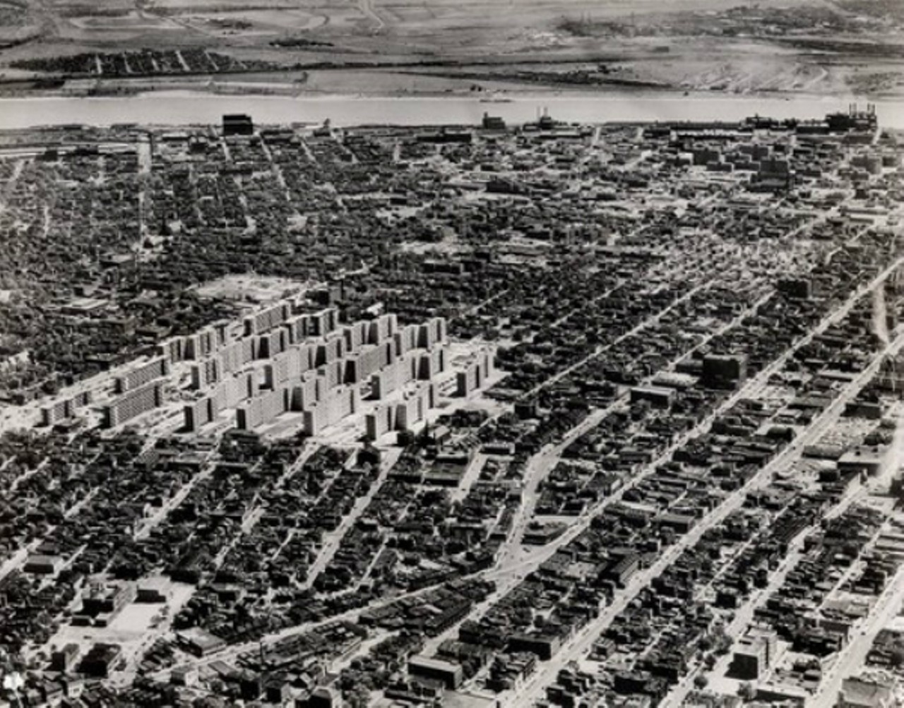 "We had a famous public housing project turned dystopian nightmare."
The former site of Pruitt Igoe, 2300 Cass Ave.
"Did you watch The Pruitt Igoe Myth on Netflix? There used to be 33 different public housing towers here, but the government neglected them and it turned into a nightmare. They ended up blowing them up on live TV. This is where that was."
Photo courtesy of pruittigoenow.org