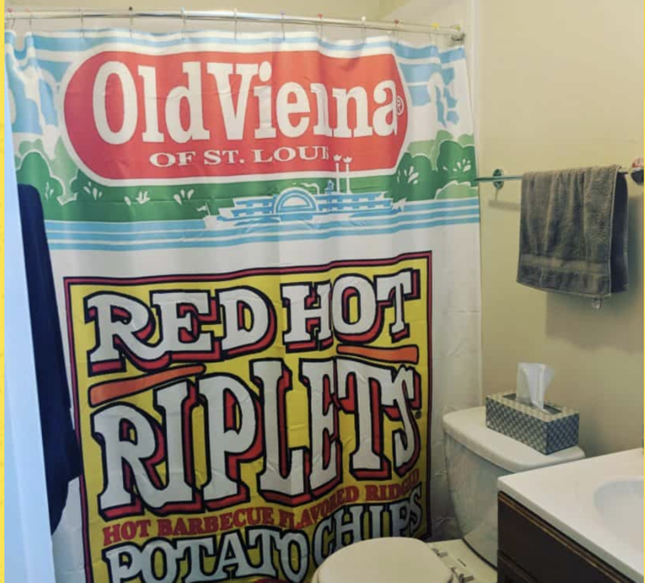 A Red Hot Riplets shower curtain
Purchase for $60 online
Anybody can use a few bags of St. Louis’ favorite snack chip as a stocking stuffer, but it takes a giver both generous and genial to get their friends a Red Hot Riplets  shower curtain. You know you want to be that friend. This is your year to shine. (You can also buy a Red Hot Riplets flag if you prefer to let your taste in snack chips fly.)