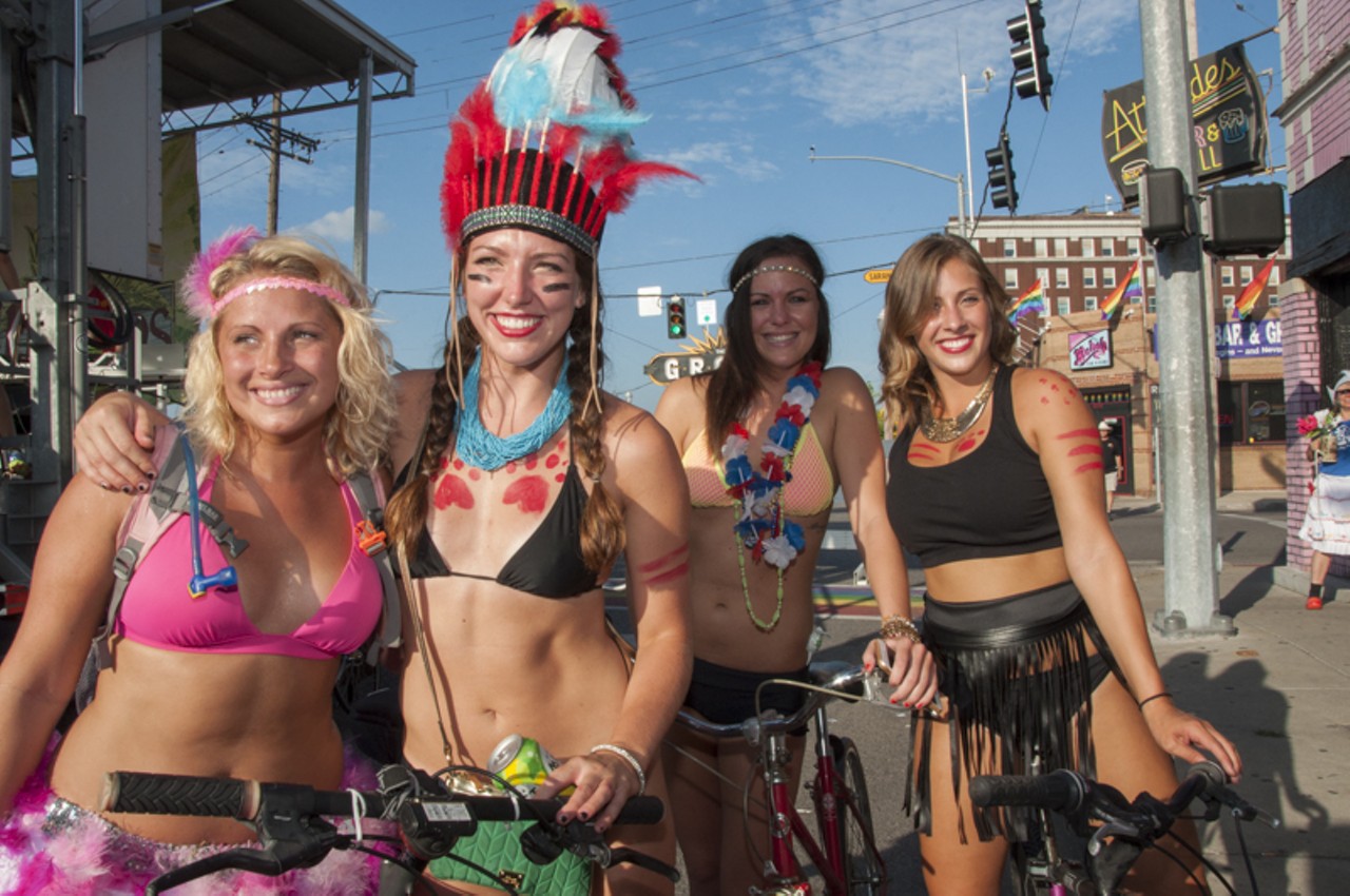 Mystery girl in pink, Lexi, Michelle and Rachel at 2015 World Naked Bike Ride.