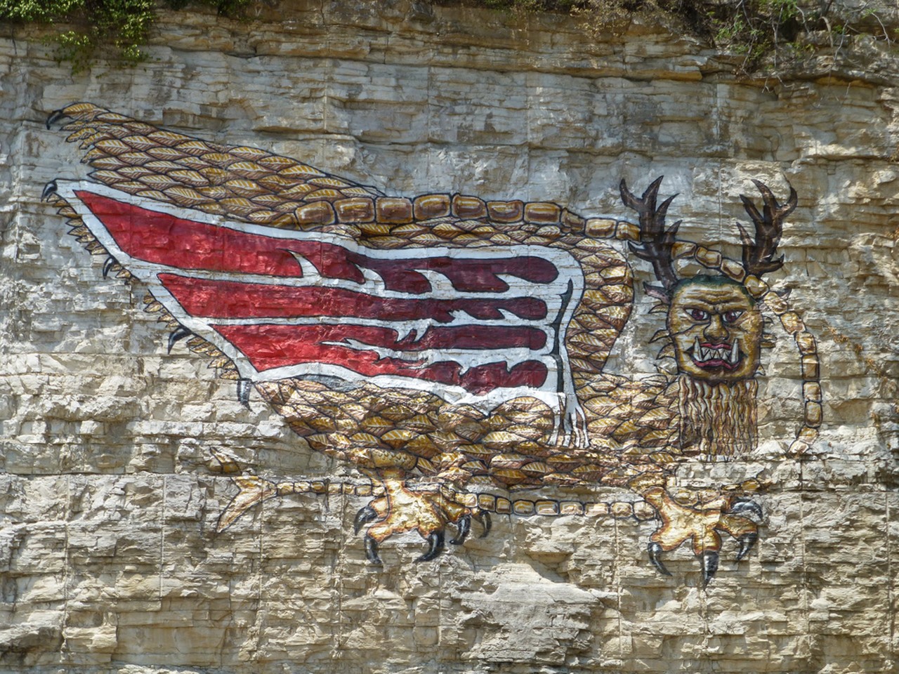Piasa Bird
IL-100, one mile north of the Alton Visitor Center
Alton, IL 62002
No, you're not hallucinating. That enormous painting of a lion-bird-horse on the Great River Road bluffs just outside of Alton is most definitely real &#151; and completely creepy. Known as the Piasa bird, this ancient Native American mythological creature has a long history of freaking out inhabitants of this part of Alton. Visit the site to find out why. Photo courtesy of Flickr / Mike Linksvayer.