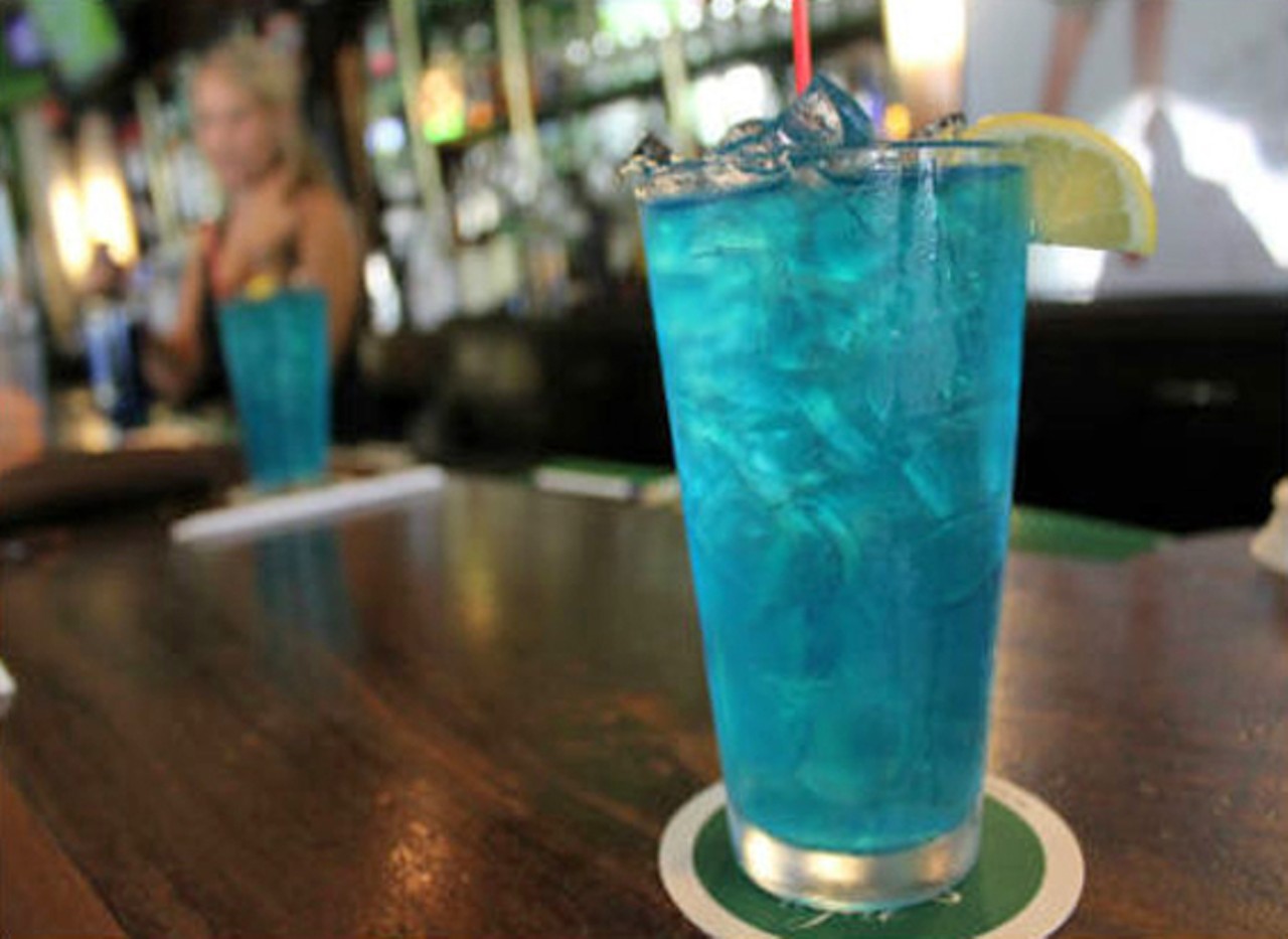 Pat's "Blue Molly" (colorful cocktail -- with a straw! -- made with raspberry vodka, sweet and sour, and Sprite).