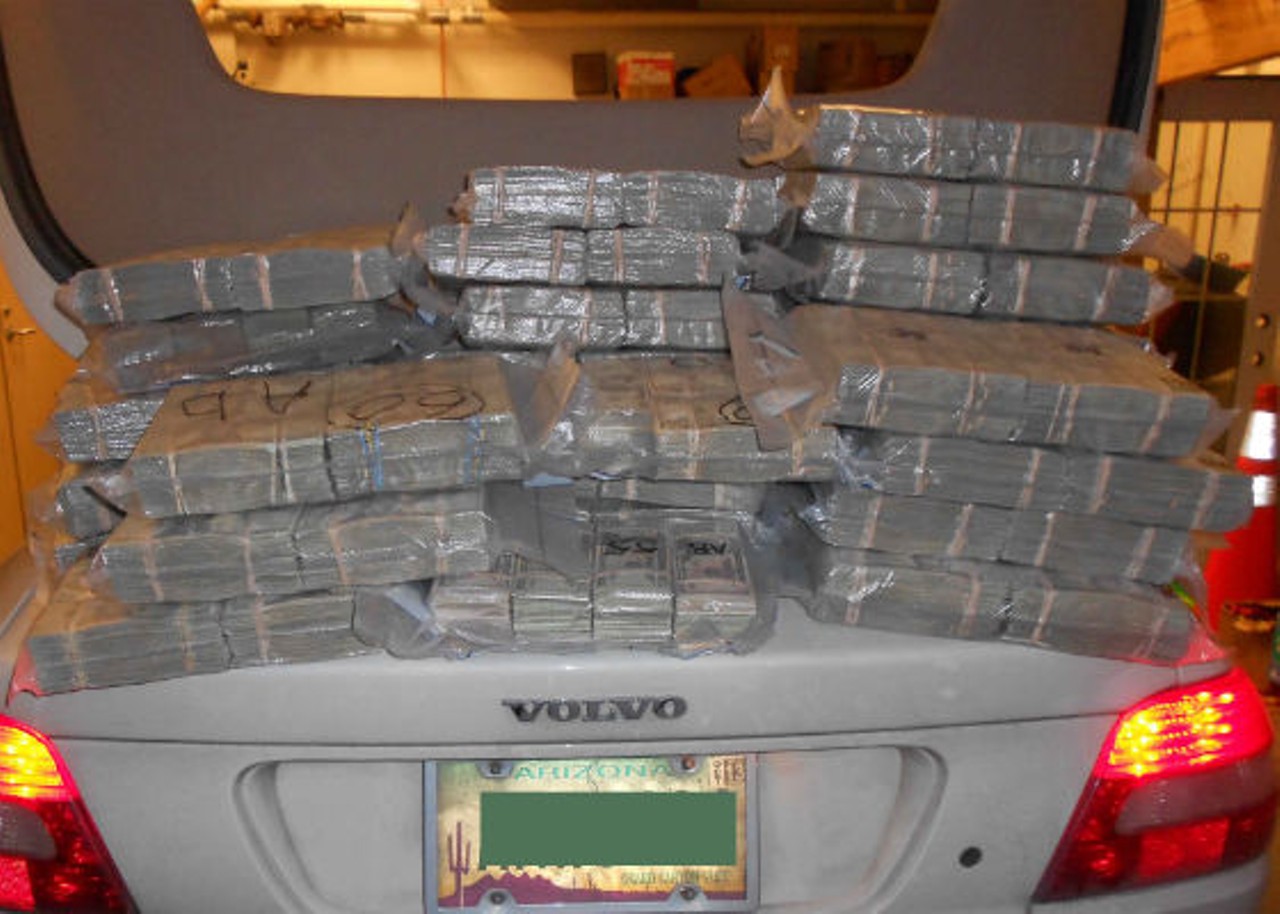 $1.5 Million. Seized on I-55 on January 30 near Collinsville from Carole Galvez, 62, who was driving a 2004 white Volvo convertible. Police think the money is drug-related. Prosecutors, naturally, are looking to have the money found in the vehicle forfeited. Read more: Madison County Traffic Arrest: This Is What $1.5 Million In Cash Looks Like.