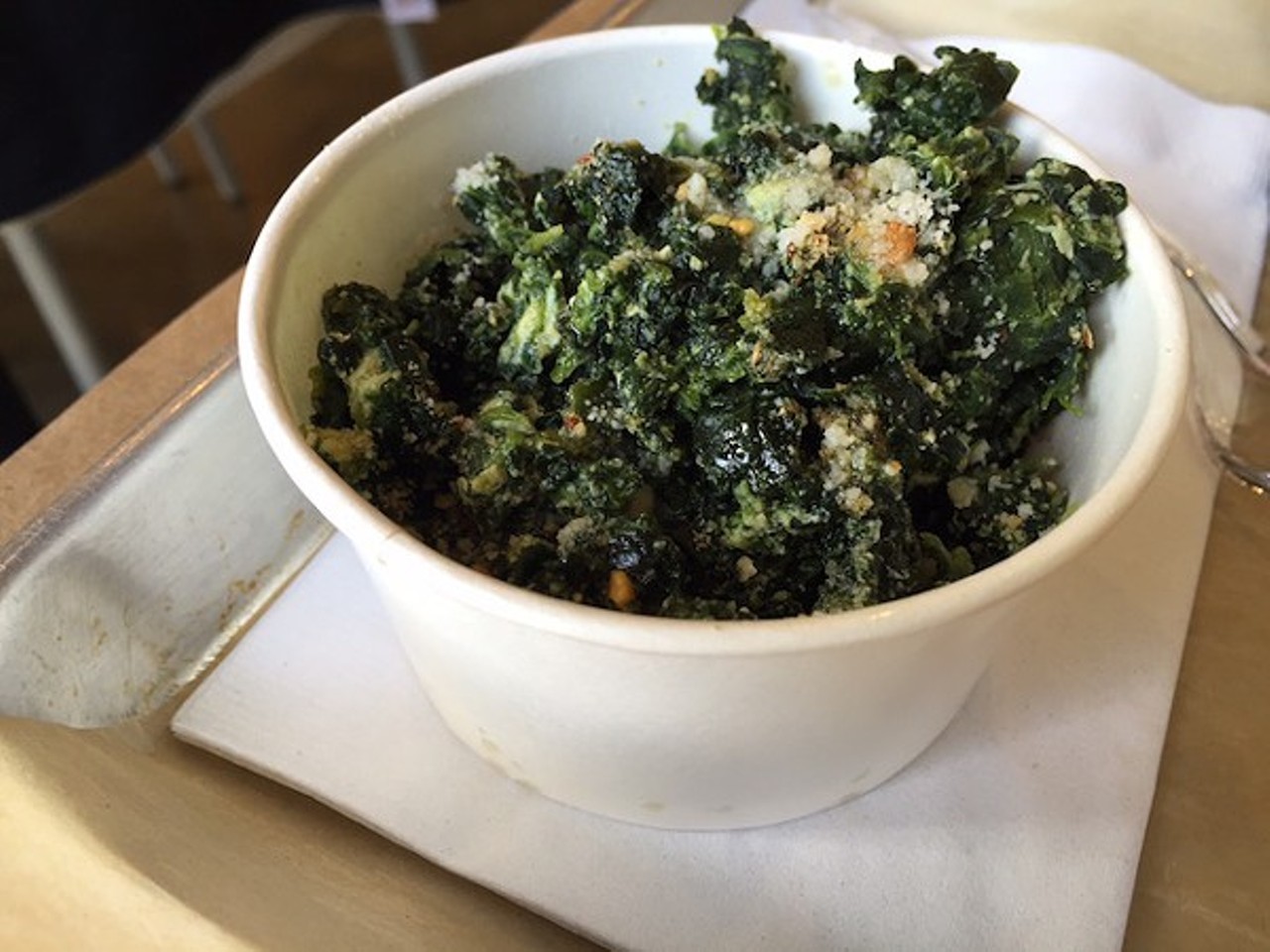 The sides list includes Calabrese-style spinach with egg (pictured), braised greens in lemon sauce, rice with chicken livers & lentils, and more. Open Tuesday through Saturday, Peno delivers as late as 10 p.m. on weekdays and 11 p.m. on weekends. That should basically seal the deal if you&#146;re debating whether or not to order something. Photo by Sarah Fenske.